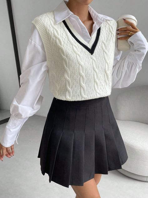 White Knit Vest Outfits For Women, White Button Up With Sweater Vest, White Sweater Vest Outfits For Women, Black And White Sweater Vest Outfit, Sweater Vest With Collared Shirt, White Knitted Vest Outfit, White Academia Outfit, Knitwear Vest Outfit, Short Vest Outfits For Women