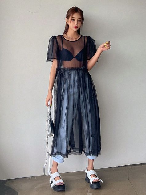 Plus Size Sheer Outfit, White Mesh Dress Outfit, Black Tulle Dress Outfit, Long Sheer Skirt, Sheer Black Dress Outfit, Sheer Slip Dress Outfit, Transparent Dresses Outfits, Michelle Zauner Style, Sheer Dress Outfit