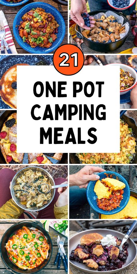 Hate doing dishes while camping? Us too! Easy to cook and easy to clean, these one pot camping meals and recipes are perfect for your next weekend in the woods. Camp Stove Recipes, Camping Recipes Dinner, Easy Camping Dinners, Campfire Dinners, Camping Food Ideas, Camping Meal Planning, Outdoor Cooking Recipes, Camping Menu, Best Camping Meals