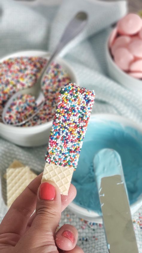 Sprinkle dipped and chocolate coated wafer cookies - Tidy Mo Chocolate Dipped Wafer Cookies, Wafers Dipped In Chocolate, Chocolate Dipped Wafers, Wafer Cookies Dipped, Dipped Wafer Cookies, Dipped Wafers, Daycare Snacks, Dipped Desserts, Sugar Wafers