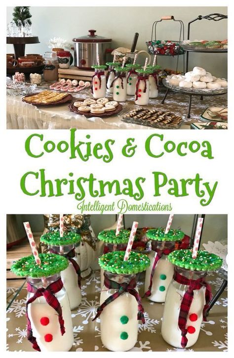 Christmas Party Ideas. How to host a Cookies & Cocoa Theme Party for Christmas. Christmas Party Ideas. #Christmasparty #Holidayparty #cookies #cocoa #party #partyideas #milkbottles #cookieparty Milk Jars, Christmas Party Ideas For Teens, Christmas Pajama Party, Cocoa Party, Christmas Cookie Party, Adult Christmas Party, Cookie Decorating Party, Food Christmas, Halloween Party Snacks