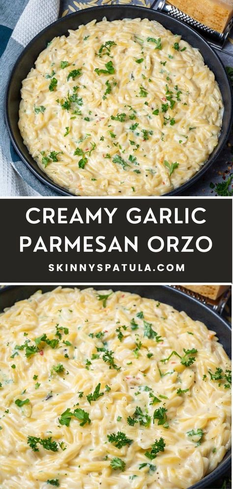 Creamy Garlic Parmesan Orzo Garlic Parmesan Orzo, Orzo Recipes Side, Orzo Pasta Recipes, Parmesan Orzo, Pasta Side Dishes, Orzo Recipes, Rice Side, Pasta Dinner Recipes, Creamy Garlic