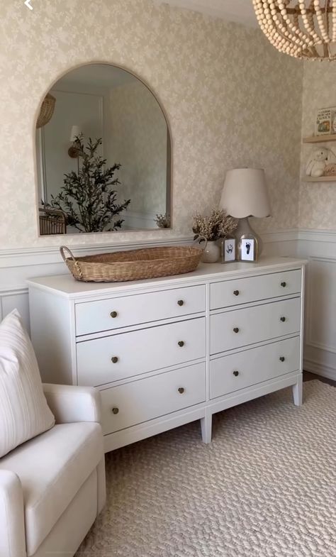 Nursery With Dresser, Nursery White Dresser, Mirror Over Nursery Dresser, White Wood Nursery, Nursery Dresser With Mirror, Antique Dresser In Nursery, Mirror Above Dresser Nursery, Mirror Over Changing Table, White And Beige Nursery