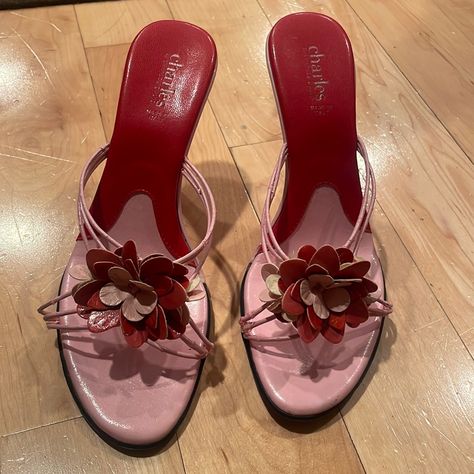 Never Worn, Vintage, Pink And Red High Heels Never Worn Size 8 Size 8 Heels, Red Vintage Shoes, 2000s Footwear, Vintage Designer Heels, Red Prom Shoes, Pink And Red Outfit, Carrie Bradshaw Shoes, Vintage Kitten Heels, Vintage High Heels