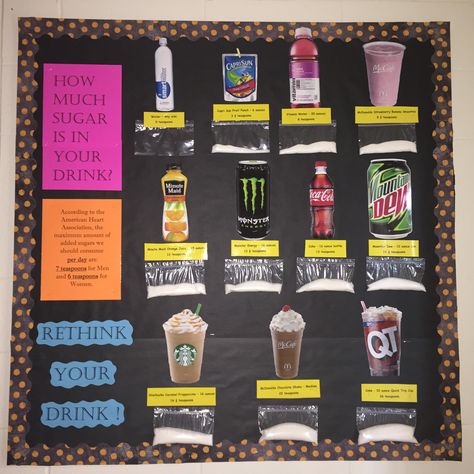 I made my "rethink your drink" board for my health room at school. The teachers loved it, too! Rethink Your Drink Bulletin Board, Family Consumer Science Bulletin Boards, Health Projects High School, Rethink Your Drink Science Project, Health Fair Booth Ideas, Best Science Fair Projects, Ideas For Science Fair, Health Classroom, Elementary Science Fair Projects