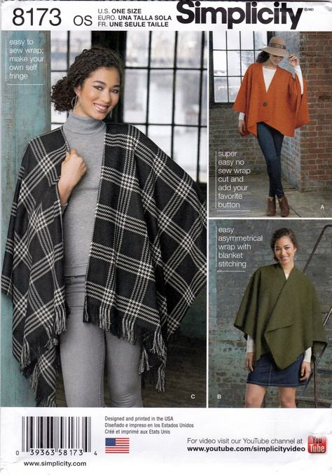 Simplicity+8173+Misses+Fleece+Poncho+Wraps+Sewing+Pattern+Sizes+OSZ Poncho Wrap Pattern, Poncho Sewing Pattern, Poncho Wrap Shawl, Poncho Pattern Sewing, Fleece Poncho, Cape Pattern, Poncho Wrap, Poncho Pattern, Clothing Patterns Free