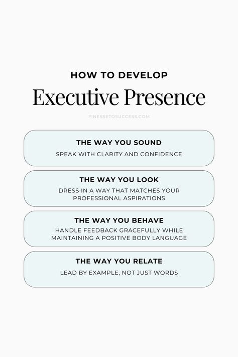 Tips on how to develop executive presence 

| Save this for later 📌 
#firstimpressions #leadership #presence #professionalgrowth #careers #styleandsubstance Leadership Presence, Executive Presence, Girl Energy, Executive Leadership, Work Tips, Leadership Programs, Lead By Example, Professional Growth, Dream Girl