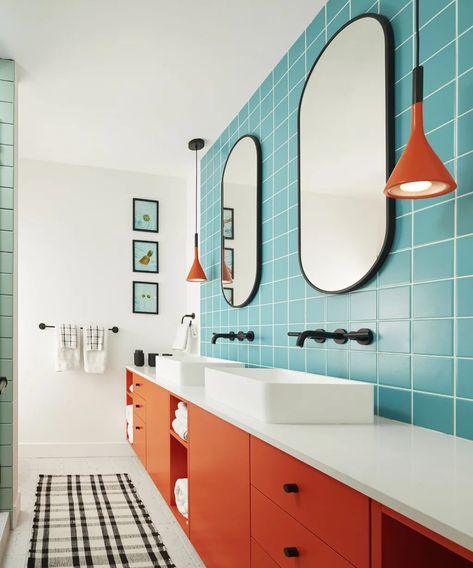 Narrow Bathroom Designs, Orange Cabinets, Blue Tile Wall, Blue Grey Walls, Orange Bathrooms, Narrow Bathroom, Blue Bathroom, Bathroom Colors, Kids' Bathroom