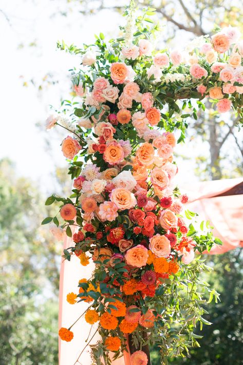 wedding at the Environmental Nature Center, ceremony with stage wrapped in red fabric and wooden mandap in coral drapery and flowers Orange Garland Wedding Decor, Coral And Red Wedding Flowers, Orange And Coral Wedding, Coral Red Wedding Theme, Blush And Coral Wedding, Flower Archway Wedding, Wedding Florals Orange, Coral And Orange Wedding, Pink And Orange Flowers Wedding