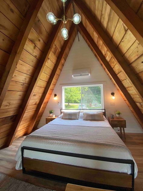 A Frame Bedroom, A-frame Interior, Triangle House, A Frame Cabins, Bedroom Frames, A Frame House Plans, A Frame Cabin, Tiny Cabin, Attic Bedroom