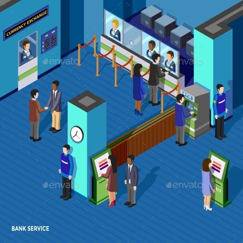 Bank Service Isometric Concept Minecraft Bank Interior, Bank Illustration, Bank Project, Animation Styles, Design Analysis, Word Template Design, Automated Teller Machine, Ppt Template Design, Vector Symbols