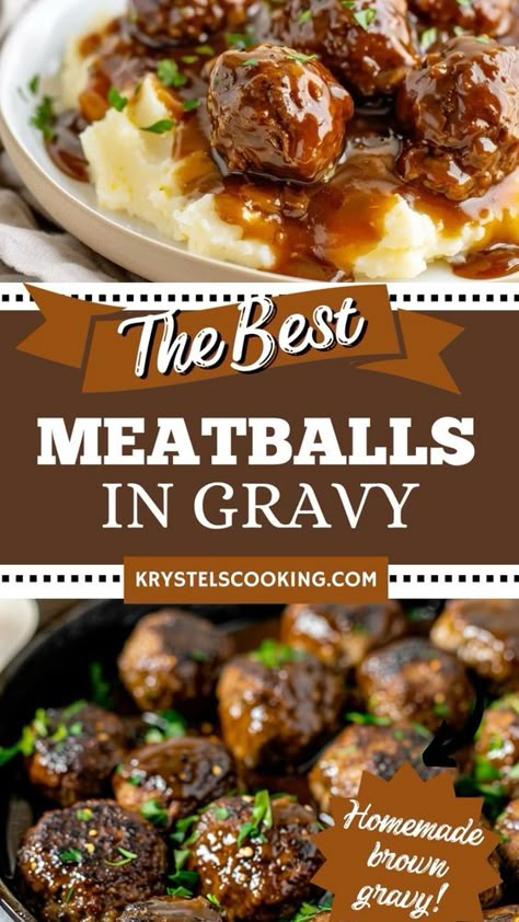 Try these Easy Homemade Meatballs and Gravy! Made with ground beef and cooked on the stovetop, this recipe is perfect served over mashed potatoes. Meatball Recipes With Gravy, Meatballs With Mashed Potatoes And Gravy, Meat That Goes With Mashed Potatoes, Meatballs With Gravy Easy, Meatball With Gravy Recipes, Cheap Meatball Recipe, Meatball Recipes Gravy, Meat To Go With Mashed Potatoes, Meatballs In Gravy Easy