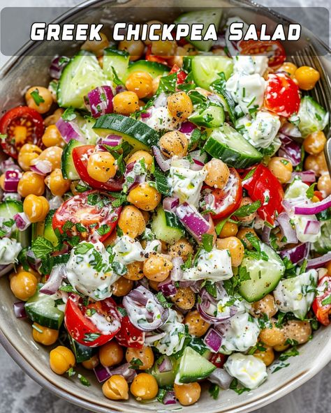 Chickpea Greek Salad with Tzatziki Dressing: A Veggie Protein Delight – Foodyhealthylife Tzatziki Sauce Salad, Greek Salad Bowl Recipe, Greek Salad With Tzatziki Sauce, Greek Chickpea Salad + Tzatziki Dressing, Tzatziki Chicken Salad Recipe, Chicken Chickpea Salad, Chickpea Greek Salad, Tzatziki Chicken Salad, Tzatziki Salad