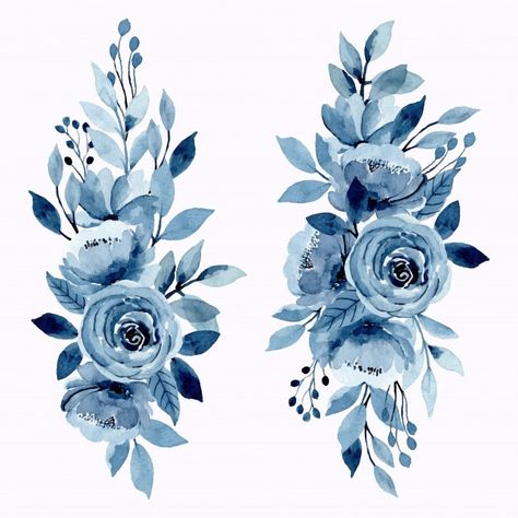 Blue floral watercolor bouquet set Premi... | Premium Vector #Freepik #vector #flower #watercolor #floral #blue Blue Flower Watercolor, Draw Flowers Watercolor, Blue Floral Background, Blue Watercolor Flowers, Blue Flowers Bouquet, Blue Watercolor Floral, Watercolour Texture Background, Indigo Floral, Watercolor Bouquet