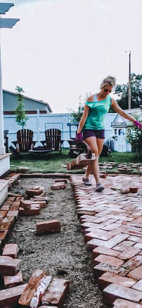 Diy Brick Pathway Walkways, Backyard Brick Patio Designs, Front Yard Brick Patio, Brick And Sand Patio, Reused Brick Ideas, Making A Paver Patio, Brick Walkway Backyard, How To Lay Brick Walkway, Brick Patio Layout