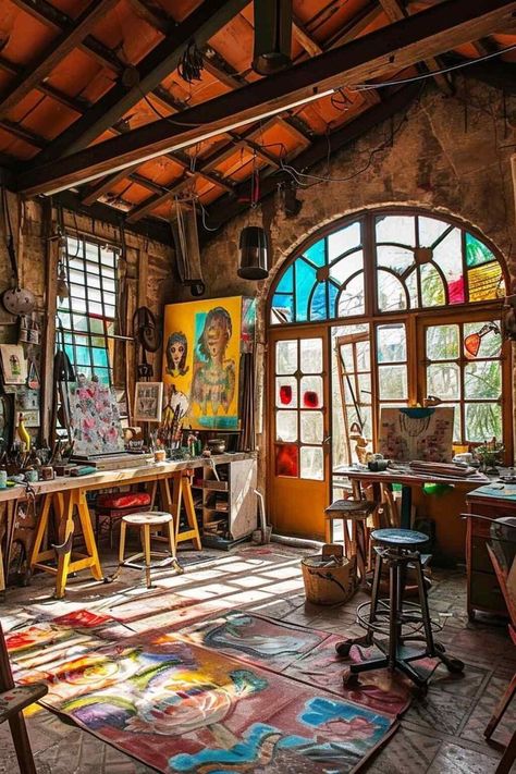 Art Studio Colorful, Drawing Studio Workspaces, Gothic Art Studio, Artist Studio Workspaces, Art Workshop Studio, Art Studio Shed, Art Studio Inspiration, Art Studio Aesthetic, Workshop Design Studio