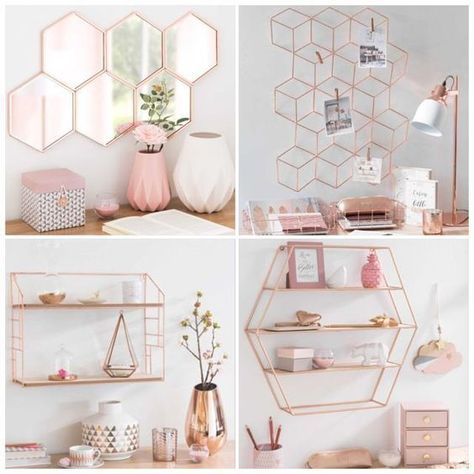 Rose Gold Room Decor, Rose Gold Rooms, Teenage Room Decor, Gold Room Decor, Gold Rooms, Hiasan Bilik Tidur, Bedroom Decor For Teen Girls, Study Room Decor, Girl Bedroom Designs