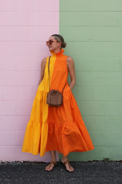 Blair Eadie wears a new orange two-toned tiered dress by Christopher John Rogers for Target // See and shop all of Blair's daily fashion looks on Atlantic-Pacific Weekend Wedding, Color Block Maxi Dress, Atlantic Pacific, Contrast Dress, Mode Kimono, Guest Attire, Bright Spring, Panel Dress, Looks Chic