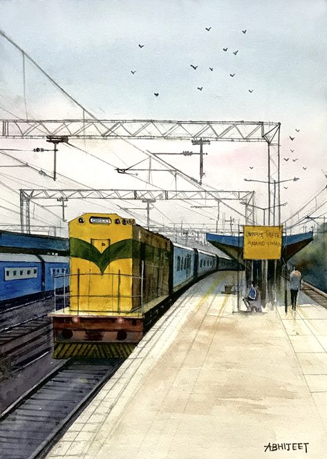 Indian railway Train Indian Railways Drawing, Indian Railways Illustration, One Point Perspective Railway Station, Railway Station Memory Drawing, Railway Station Composition, Railway Station Drawing Sketch, Railway Station Sketch, Railway Station Illustration, Train Station Sketch