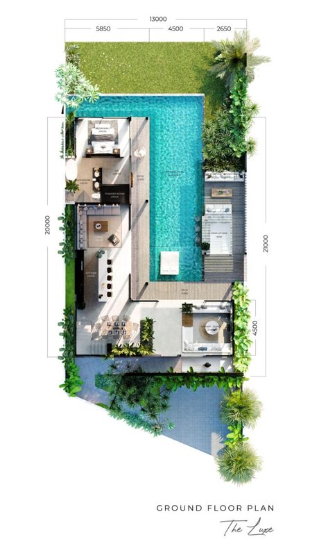 Tropical Villa Plan, Tropical Villa Floor Plan, Pool Villa Design Architecture, Tropical House Plans Layout, Villa Layout Plan Design, One Floor Villa Design, Tropical House Layout, House With Pool Plans, Small Villa Floor Plan