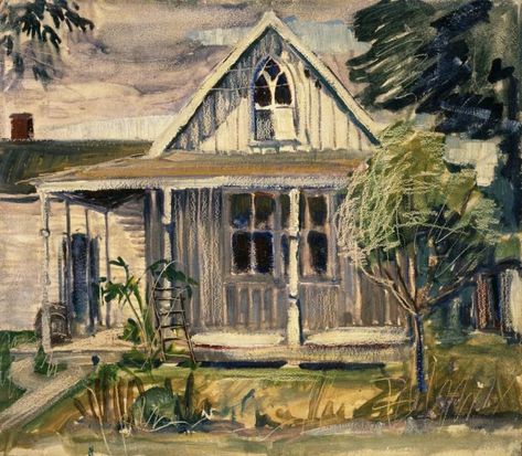 Wood Sketch, American Gothic Painting, Grant Wood American Gothic, Gothic Farmhouse, Gothic Painting, Artist Grants, Grant Wood, Detailed Paintings, American Gothic