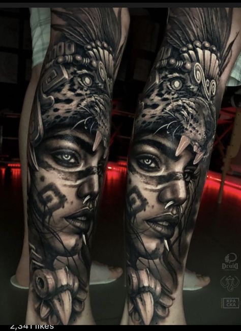 Female Mayan Warrior Tattoo, Amazonian Warrior Tattoo, Mayan Woman Tattoo, Aztec Leg Sleeve Tattoo, Aztec Warrior Princess Tattoo, Aztec Girl Tattoo, Aztec Woman Tattoo, Aztec Warrior Tattoo Men, Aztec Gods Tattoo