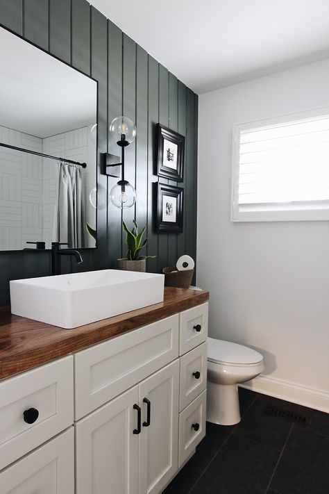 Black Cabinets Butcher Block Counter Bathroom, Bathroom Remodel Single Sink, Urban Bathroom Ideas, Flip House, Outdoor Bathroom, Hall Bathroom, Bathroom Countertop, Bathroom Countertops, Upstairs Bathrooms