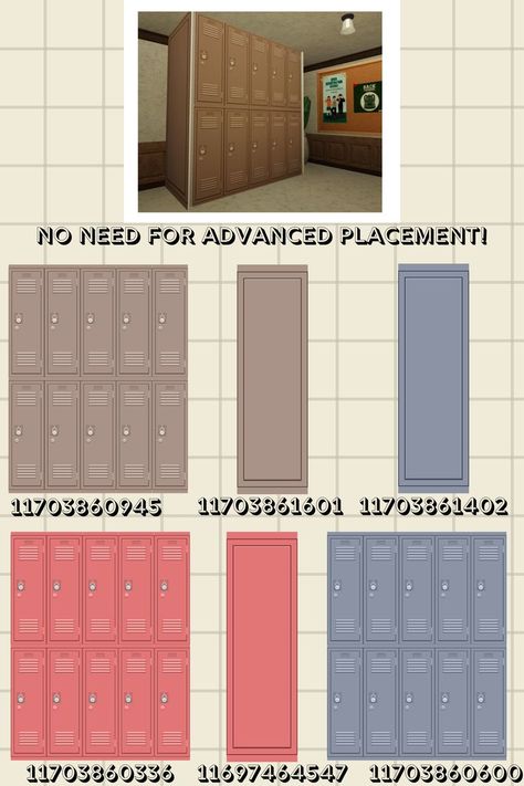 (I USED "Wide Full Wall Painting" for the painting frame) I decided to make mini versions of it!! Much cheaper and more space friendly. You do not need advanced placement for these school locker decals! Enjoy! #roblox #bloxburg #decals #bloxburgdecals #bloxburgschool #bloxburglockers Bloxburg Lockers Decals, Locker Bloxburg Codes, Bloxburg Gym Codes Painting, How To Make A Town In Bloxburg, Bloxburg School Locker Decals, Blocksburg School Decals, Aesthetic School Bloxburg, Bloxburg School Locker Decal Codes, Bloxburg Decals Codes For School