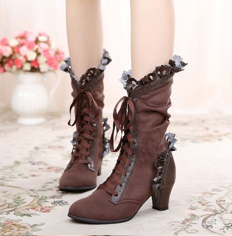 Princess Boots, Winter Gothic, Cosplay Boots, Lace Ribbon, Red Outfit, Gothic Lolita, Mid Calf Boots, High Heel Boots, Outfits Casuales