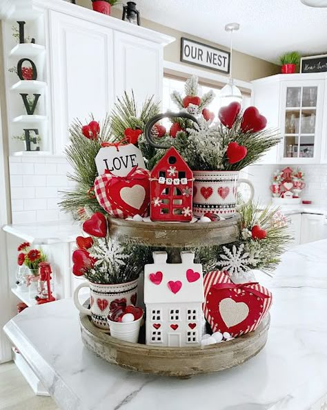 Dining Delight: Valentine and Winter Themed Tiered Tray Tier Tray Ideas, Tray Decor Ideas, Valentine Centerpieces, Faux Candles, Tiered Tray Ideas, Snowflake Sticker, Diy Valentine's Day Decorations, Tiered Tray Diy, Tier Trays