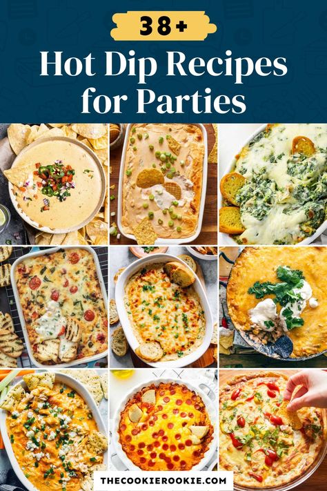 Easy Baked Dips For A Party, Hot Dips And Appetizers, Oven Baked Dips, Dip Party Theme, Warm Dips With Cream Cheese, Hot Dip Recipes For Parties, Sips And Dips Party Ideas, Oven Dips, Hot Dips For Parties Appetizers Crockpot