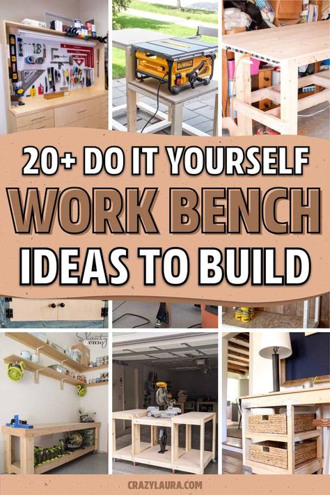 Whether you need more space to work in the garage or you want to save some money and build it yourself, check out these awesome DIY workbench plans and tutorial ideas for inspiration! Shop Bench Ideas Workbench Plans, Wood Shop Workbench, Work Bench Plans How To Build, Workshop Workbench Ideas, Wooden Workbench Ideas, Table Plans Woodworking, Garage Workbench Ideas Diy, Garage Workbench With Storage, Building A Workbench Diy