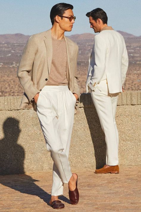 Tan Pants White Shirt Men, Cream Trousers Outfit Men, Mens Cream Trousers Outfit, Men’s White Trousers Outfit, Luxury Cream Pants For Men, Leather Loafers Outfit, Men’s White Linen Trousers Outfit, White Pants Men, Camel Blazer