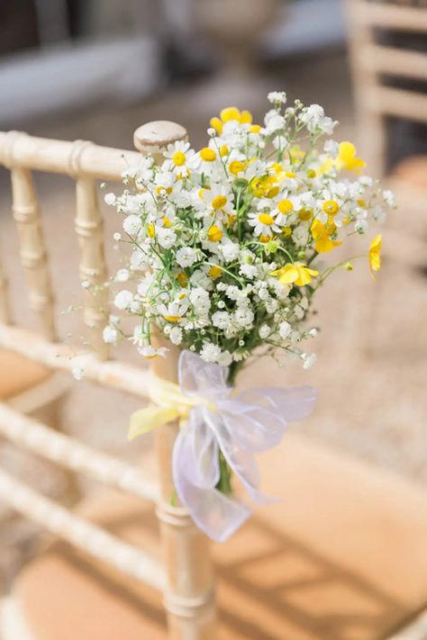 Vintage Combe House Hotel Wedding - Daisies & Dog Ring Bearer Wedding Aisle Flowers On Chairs, Ceremony Chair Flowers, Daisy Wedding Decor, Chair Flowers Wedding, Aisle Chair Flowers, Chairs With Flowers, Daisy Wedding Decorations, Wedding Aisle Florals, Aisle Flowers Wedding