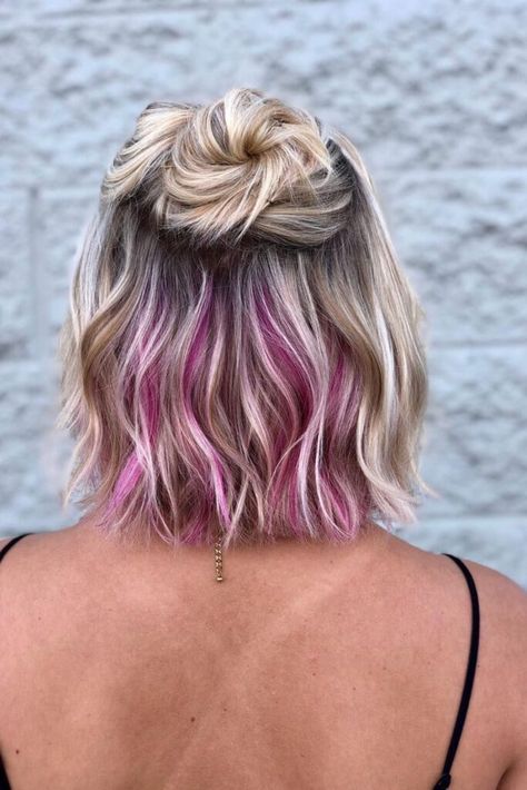 Top 13 Pink Underdye Hair Ideas For Women Short Hair Peek A Boo Color, Peck A Boo Hair Color, Blonde With Vivid Peekaboo, Pop Of Purple Hair, Blonde Bob With Pink Peekaboo, Burgundy Peekaboo Hair Blonde, Blonde Hair With Pop Of Color Short, Hidden Hair Color Blondes, Pastel Peekaboo Highlights