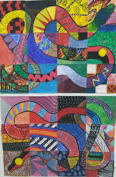 Australian Aboriginal Art For Kids, Rainbow Serpent Craft, Aboriginal Craft For Kids, Australia Art For Kids, Reconciliation Art, School Art Ideas, Australian Art For Kids, Serpent Art, Aboriginal Art For Kids