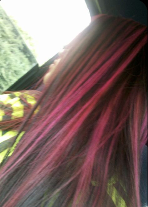 Pink Hair With Black Streaks, Hot Pink Streaks In Black Hair, Brown Hair With Dark Pink Highlights, Pink Skunk Highlights In Brown Hair, Hot Pink Hair Highlights, Fushia Highlights, Pink Skunk Highlights, Brunette Pink Highlights, Hot Pink And Brown Hair