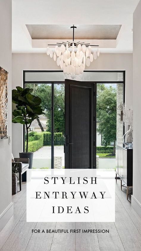 Entrance Hall Decor Front Entry Modern, Beautiful Entryways Modern, Black Framed Front Door, Front Hallway Ideas Entrance Modern, Modern Home Entryway Exterior, Entrance Door Lighting Ideas, Large Front Entrance Ideas, Modern Farmhouse Front Entry, Grand Entrance Home Front Entry