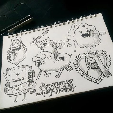 Lsp Adventure Time Tattoo, Adventure Time Flash Sheet, Adventure Time Tattoo Flash, Small Adventure Time Tattoo, Adventure Time Tattoo Simple, Adventure Time Drawings Sketches, Adventure Time Flash Tattoo, Finn And Jake Tattoo, Tattoo Portfolio Apprentice