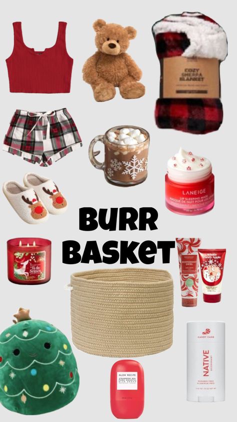 Christmas Sweet Ideas Gifts, Brr Basket Ideas Christmas, Small Gift Christmas Ideas, Winter Basket Ideas Friends, Burr Basket Ideas For Girlfriend, Mini Christmas Gift Baskets, Things To Put In A Christmas Gift Basket, Cute Christmas Basket Ideas, Gift Baskets Christmas Ideas