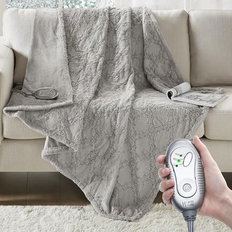 Hyde Lane Luxury Faux Fur Heated Throw Blanket | 50x60 | Soft Gray Mink and Reverse Electric Heating Throw | 3 Heat Settings | Auto-Shutoff | Machine Washable Heated Throw, Faux Fur Blanket, Heated Blanket, Electric Blankets, Fur Blanket, Couch Potato, Garden Bedding, Electric Heating, Blanket Throw