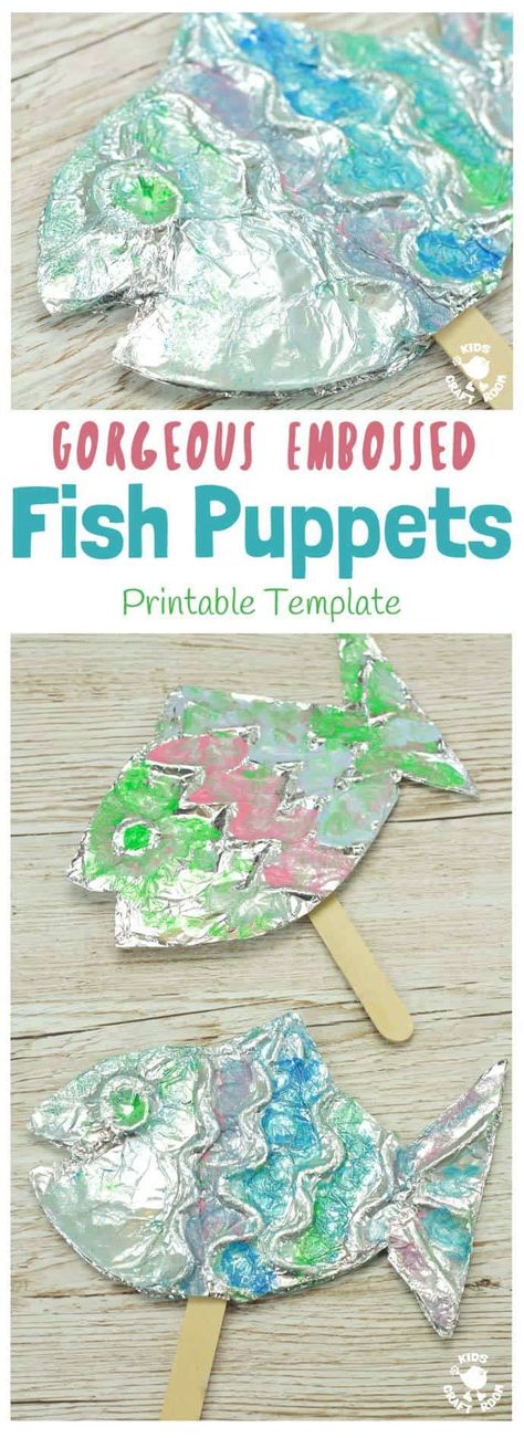 EMBOSSED FOIL FISH PUPPETS - A stunning fish craft with a difference! This embossed foil fish craft appeals to kids of all ages. Enjoy making fish puppets or fish pictures, the results are gorgeous! #fish #fishcrafts #ocean #oceancrafts #puppets #puppetcrafts #homemadepuppets #kidscrafts #craftsforkids #kidscraftroom #summercrafts #beachcrafts #kidsactivities Foil Fish Craft, Puppets For Kids To Make, Fish Puppets, Homemade Puppets, Foil Fish, Fish Pictures, Fish Craft, Summertime Crafts, Puppets For Kids