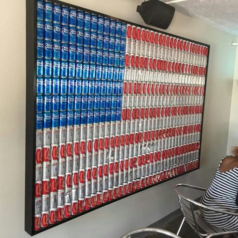 Beer Can Projects, Beer Room Ideas, Beer Can Wall Art, Beer Box Wall, Beer Can Decor, Beer Can Display Ideas, Beer Can Crafts Diy, Beer Cans Crafts Ideas, Alcohol Decorations