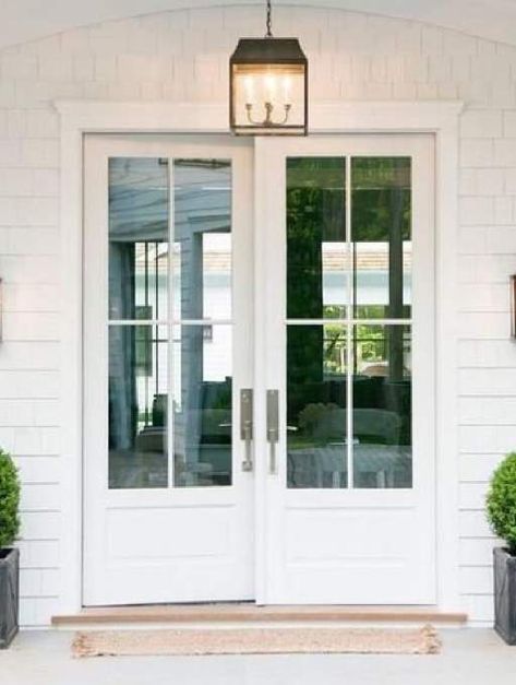 Modern Farmhouse Front Door featuring a White Double Rectangular Composite Wood Door with Privacy Glass farmhouse and Emtek Locksets Entrance Wooden Door Design, Wooden Double Door, Double Front Entry Doors, French Front Doors, White Front Door, Door Design Ideas, Double Doors Exterior, Farmhouse Door, French Doors Exterior