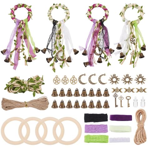 PRICES MAY VARY. 4 Set Witch Bells Kit: There are 4 wooden rings, bells, antique brass pendant, leaf ribbon, twine, lace, chiffon tape in the package to make 4 witch bells. For Blessing: This wiccan wind chime is said to clear a space of evil and negative thing that can be applied as a nice blessing, protecting your house and bringing good luck. With Instruction: Comes with easy to follow instructions. You can see the process clearly in the instruction we have provided, so that even experienced Diy Witch Bells For Door, Witch Bells Diy, Witches Protection, Protection Bells, Assemblage Art Mixed Media, Wicca Recipes, Witch Bells, Leaf Ribbon, Witch Tools