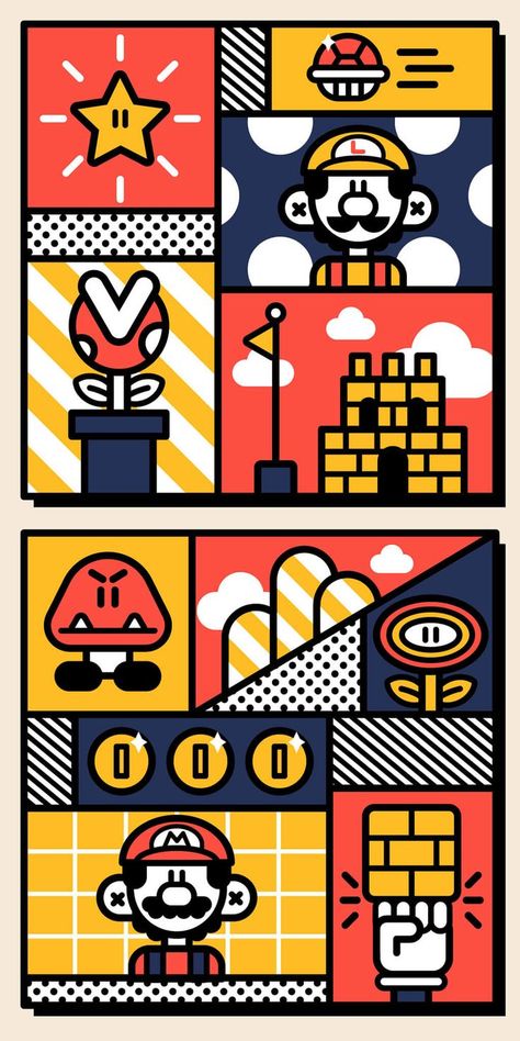 Retro Gaming Art Illustrations, Super Mario Artwork, Mario Bros Artwork, Mario Illustration Art, Mario Graphic Design, Nintendo Art Drawing, Super Mario Illustration, Mario Pop Art, Mario Illustration