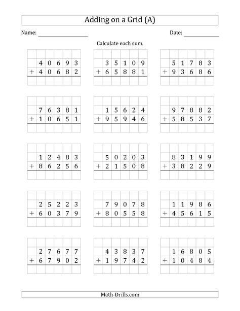 The Adding 5-Digit Plus 5-Digit Numbers on a Grid (A) math worksheet from the Addition Worksheet page at Math-Drills.com. Grade 5 Math Worksheets, Math Facts Addition, Kindergarten Math Worksheets Addition, Mental Maths Worksheets, Math Fact Worksheets, Addition Worksheet, Kindergarten Math Worksheets Free, Kindergarten Addition Worksheets, Math Practice Worksheets