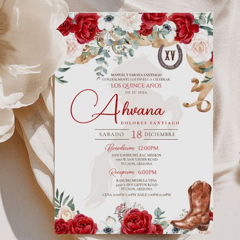 Red Quinceanera Rose Anemone Fancy Charro/Cowgirl Invitation - tap, personalize, buy right now! #Invitation #boots #with #flowers, #charro #quinceanera, White Gold Invitation, Birthday Invitation Background, Quinceanera Red, Boots With Flowers, Cowgirl Invitations, Quinceañera Invitations, Charro Quinceanera, Minnie Mouse Birthday Invitations, Rustic Birthday