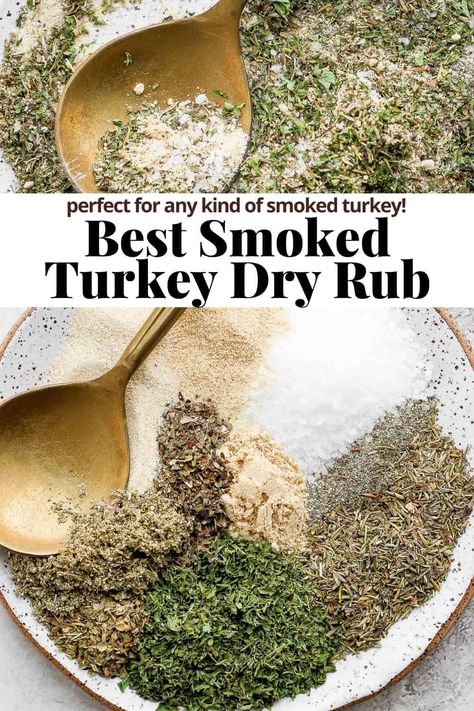 Smoked Turkey Dry Rub - a delicious smoked turkey dry rub recipe with all the classic flavors! Perfect for turkey breast, whole turkeys, etc.! #smokedturkeydryrub #smokedturkydryrubrecipes #smokedturkeydryrubrecipesthanksgiving #smokedturkeyrecipesdryrubs #dryrubforsmokedturkey Turkey Rub For Thanksgiving, Perfect Turkey Seasoning, Best Turkey Dry Rub, Herb Rub For Turkey, Seasoning For Smoked Turkey, Treager Smoked Turkey Recipes, Turkey Brine Dry Rub, Smoked Pulled Turkey, Dry Brine Smoked Turkey Recipes