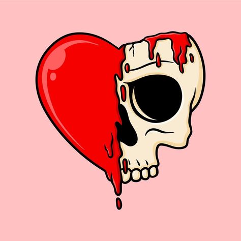 Soulmate Illustration Art, Creative Vector Art, Frozen Heart Drawing, Heart On Fire Illustration, Cute Skull Drawing, Heart Canvas Painting Ideas, Melting Drawing, Valentines Skull, Melting Art